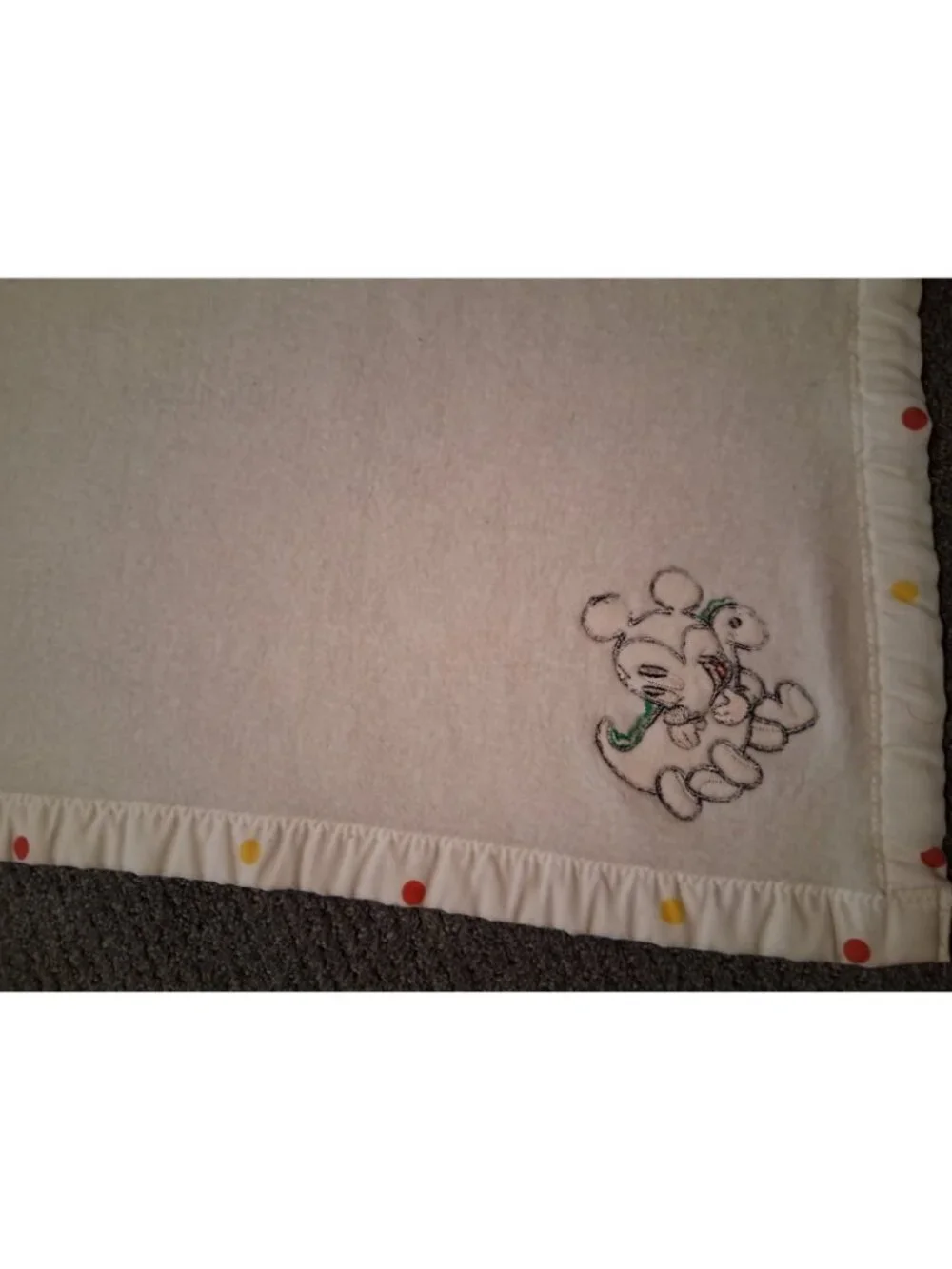 Vtg Disney Mickey Mouse & Dinosaur Acrylic Baby Blanket Polka Dot Trim USA